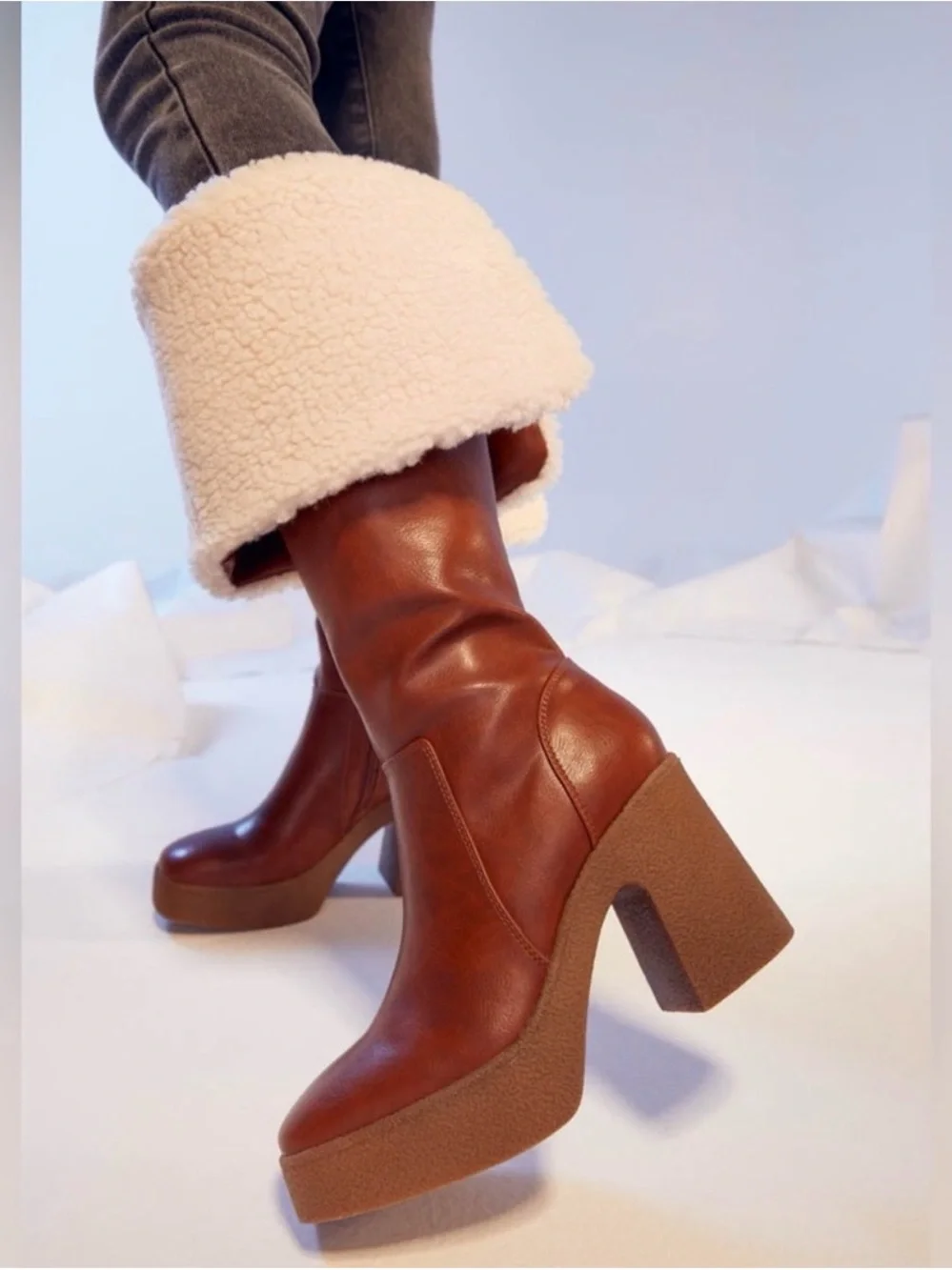 JustFab Cognac Over-the-Knee Faux-Shearling Platform Boots